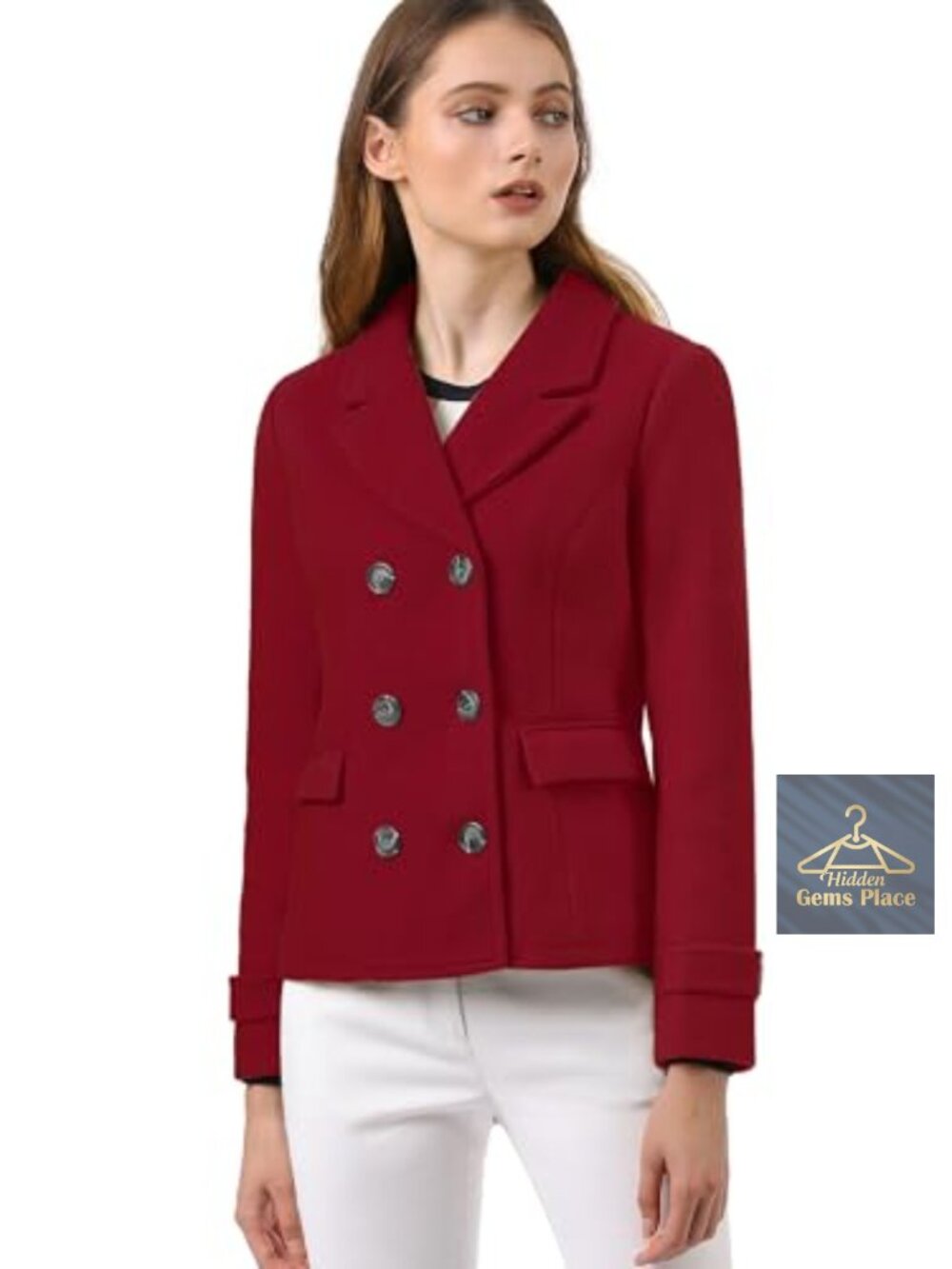 Womens Elegant Pea Coat Notched Lapel Double Breasted Short Wool Blend Coat
